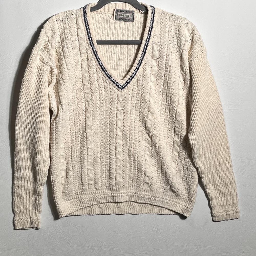 Vintage Concrete Mix Cream V-Neck Cable Knit Sweater Small